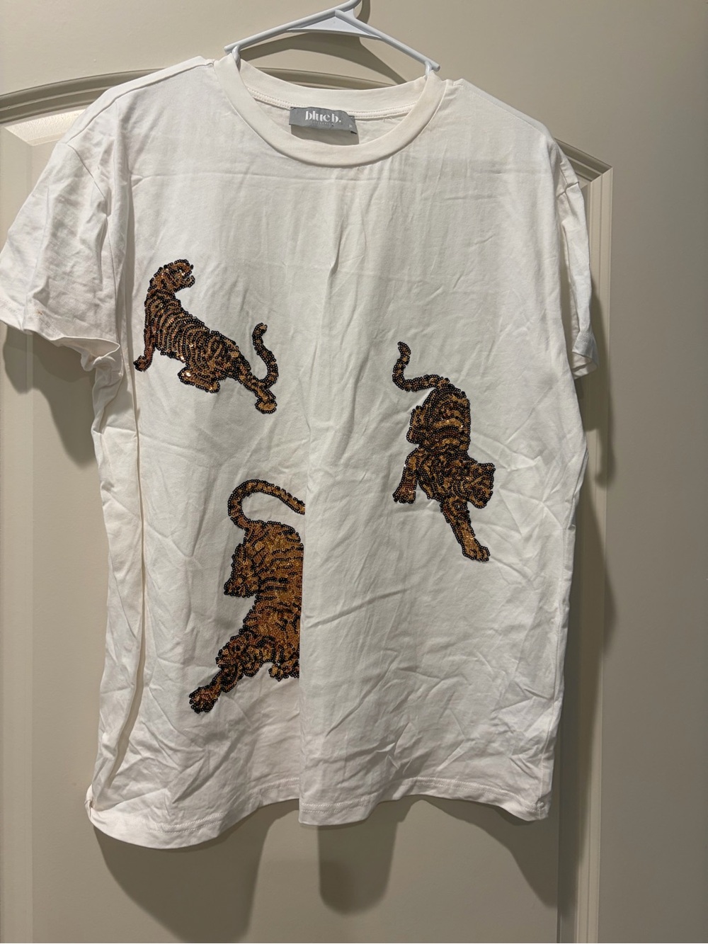 Blue B. White Tee with Brown Tiger sequins top